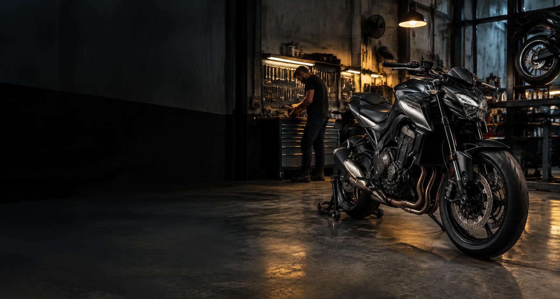 Moto esportiva em oficina mecânica